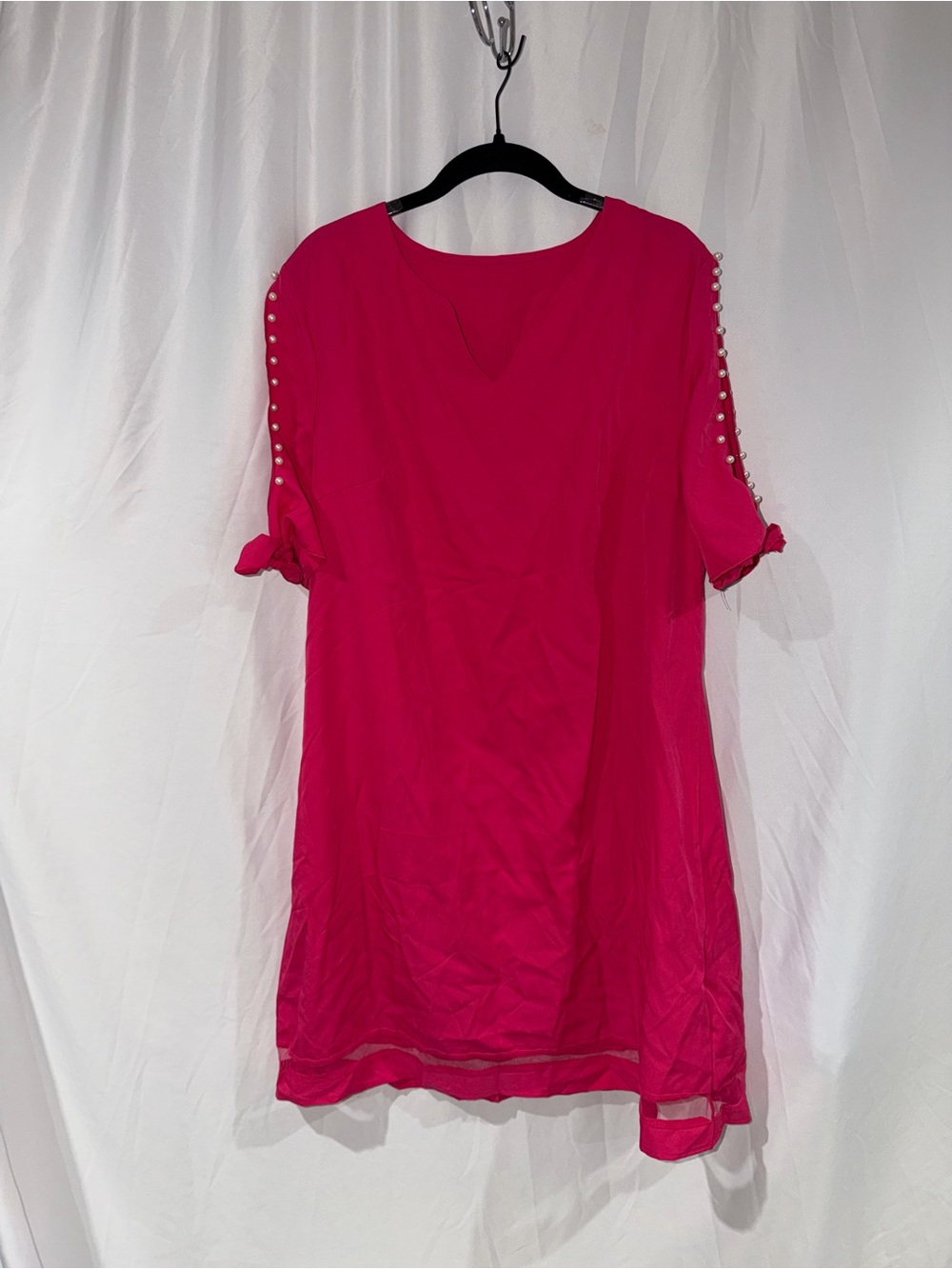 SHEIN Dress Fuchsia Ping Pearl Trim Flowy Dress Mesh Hem V Neck XL
